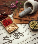 Chinese herbs, motar, pestle